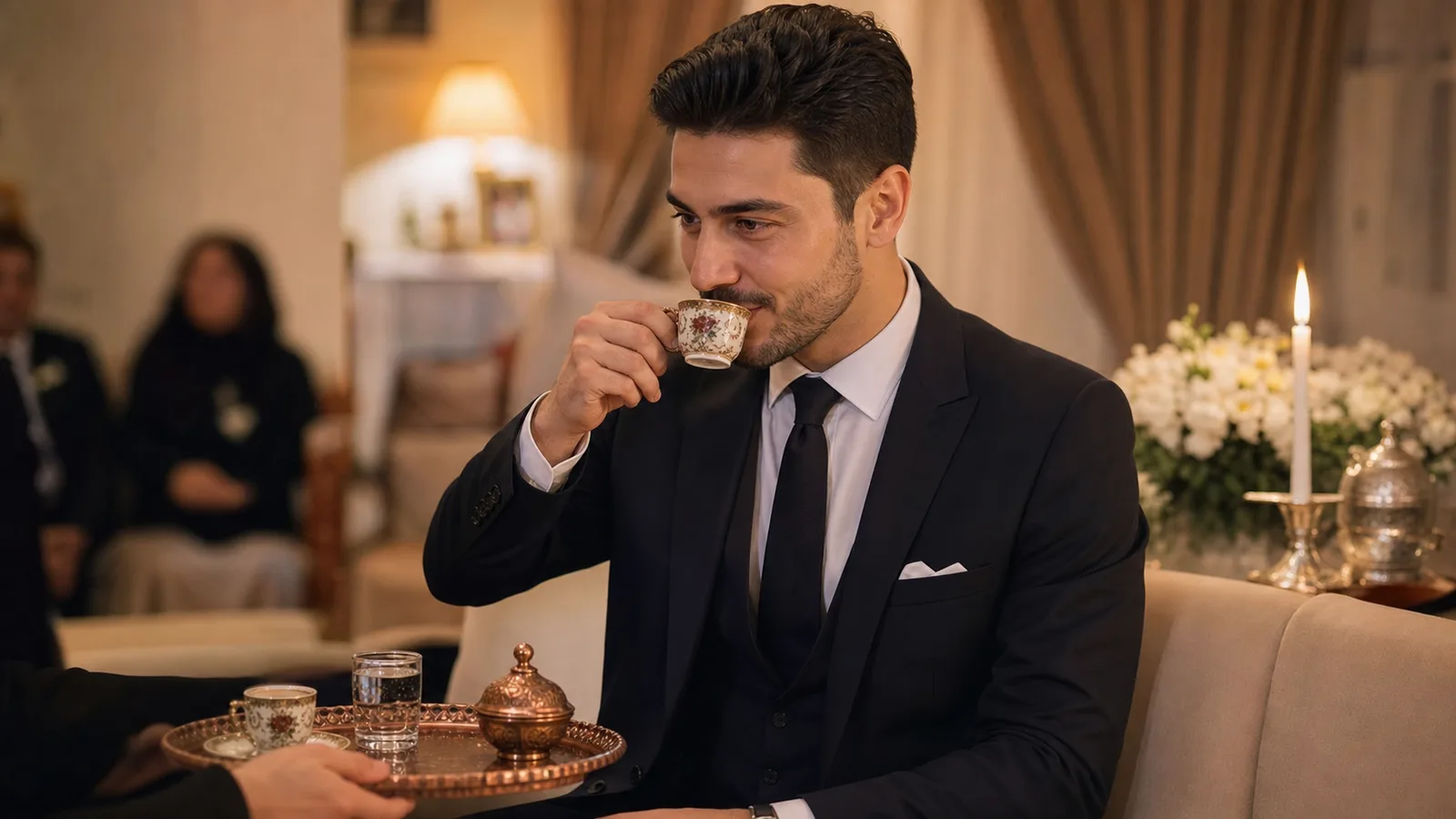 Kız isteme sırasında damatlık giymiş birinin Türk kahvesi içtiği sıcak aile ortamı