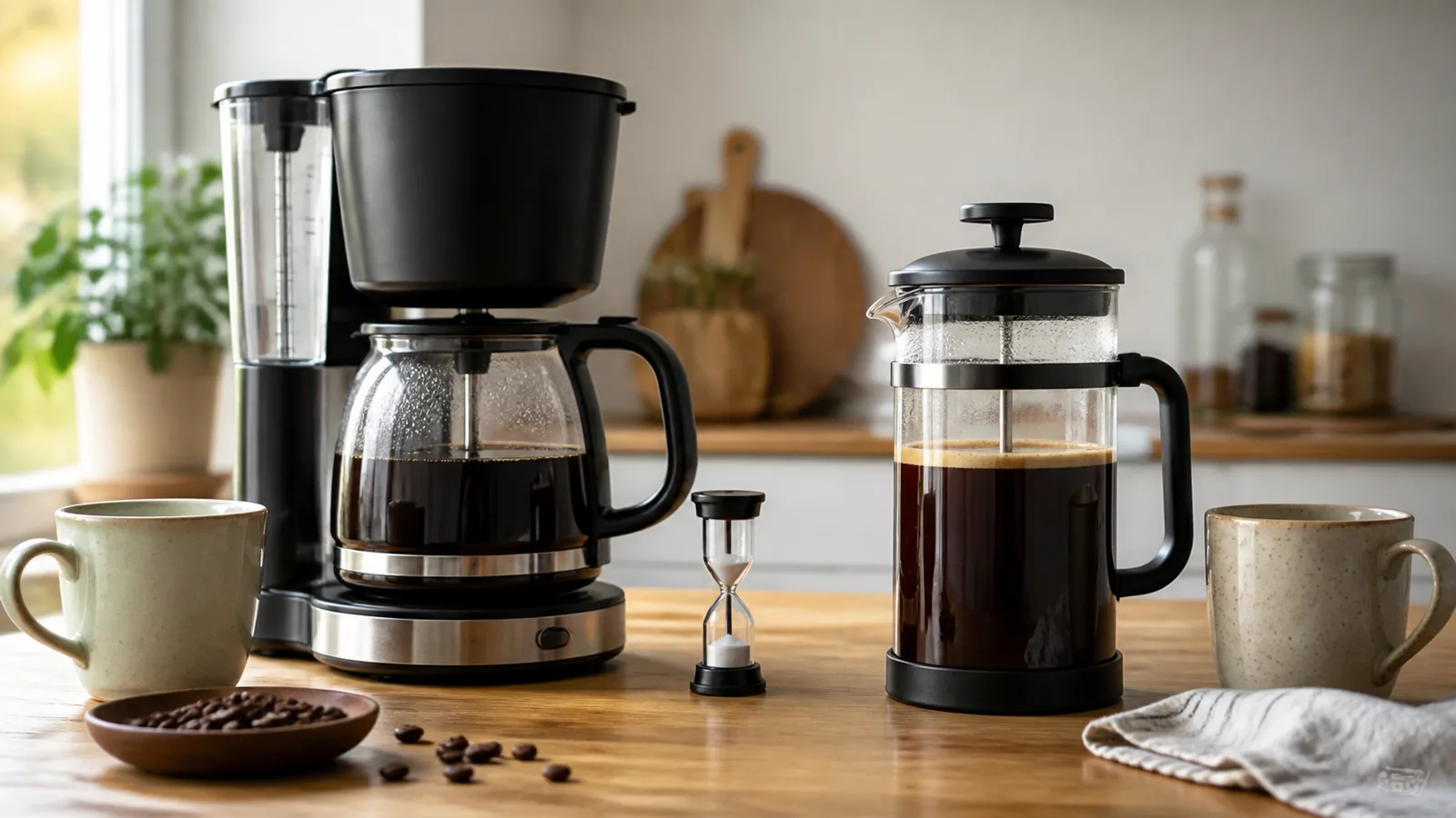Filtre kahve makinesi ve French press yan yana kahve hazırlama karşılaştırması