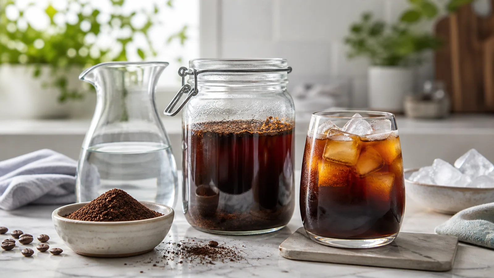 Cam kavanozda cold brew demleme, kalın öğütülmüş kahve ve buzlu kahve bardağı