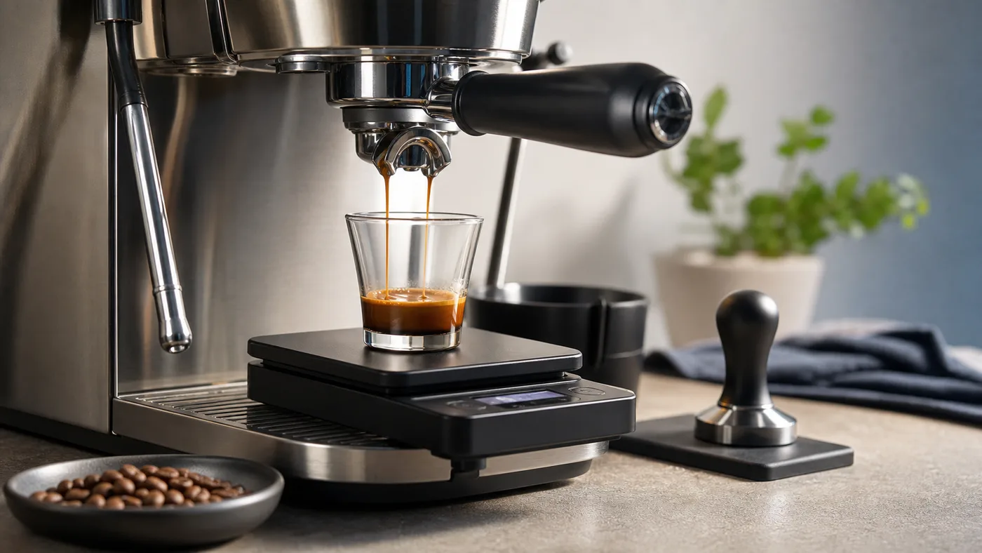 Espresso fincanı, tartı, portafiltre ve espresso makinesi ile oran ayarı düzeni