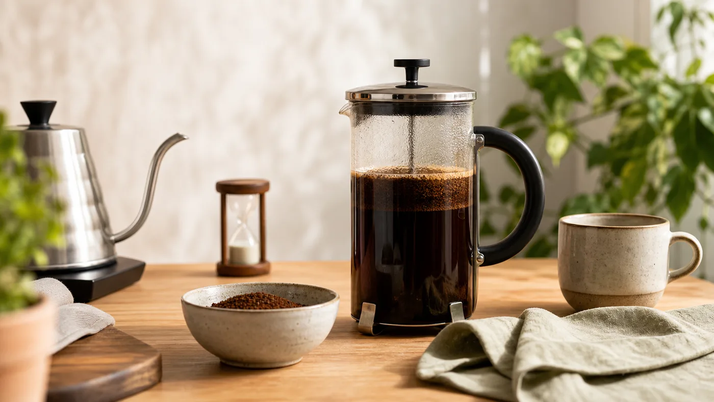 French press, iri öğütülmüş kahve, fincan ve demleme ekipmanları