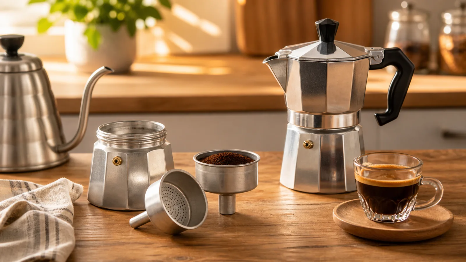 Moka pot parçaları, öğütülmüş kahve ve ocak üstü kahve hazırlama düzeni