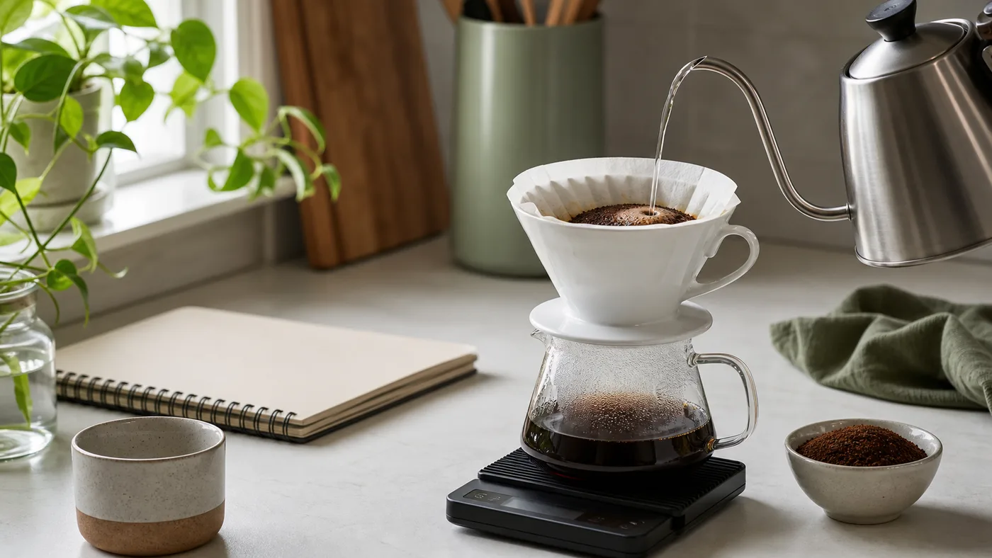 V60 dripper, cam server, tartı ve gooseneck kettle ile filtre kahve demleme düzeni