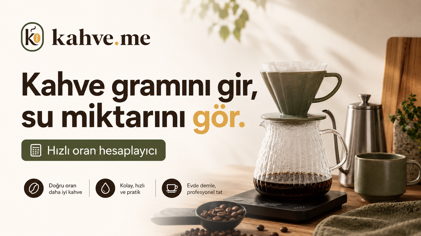 Kahve oran hesaplayıcı için kahve, su ve tartı görseli